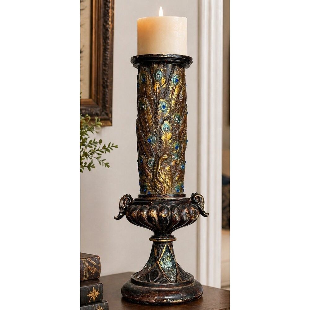 Peacock Candle Holder Stand Jeweled 16” Gold Bronze Pillar Candle Decor